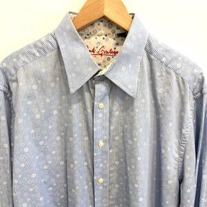 Robert Graham Mens XL Dress Shirt Blue Stripe Polka Dot Flip Cuff Fun Soft EUC